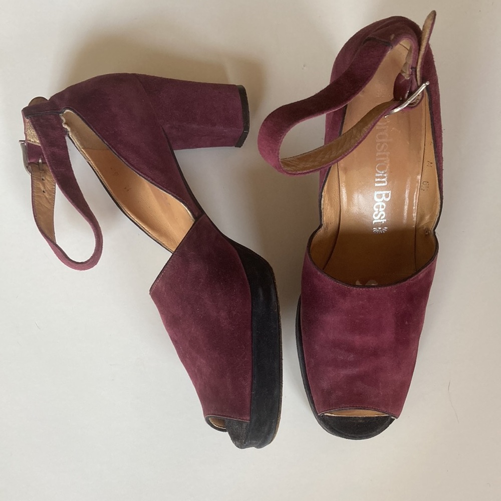 Margaret Jerrold Vintage 60s  70s wine suede platform peep toe heels 6.5